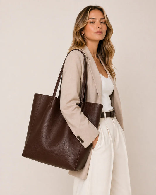 Large Soft Cowhide Leather Tote | Minimalist Oversized Shopper with Removable Inner Pouch