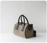 Vintage Suede Boston Bag for Women | Maillard-Tone Pillow Handbag with Detachable Strap | Niche Handcrafted Commuter Crossbody Bag