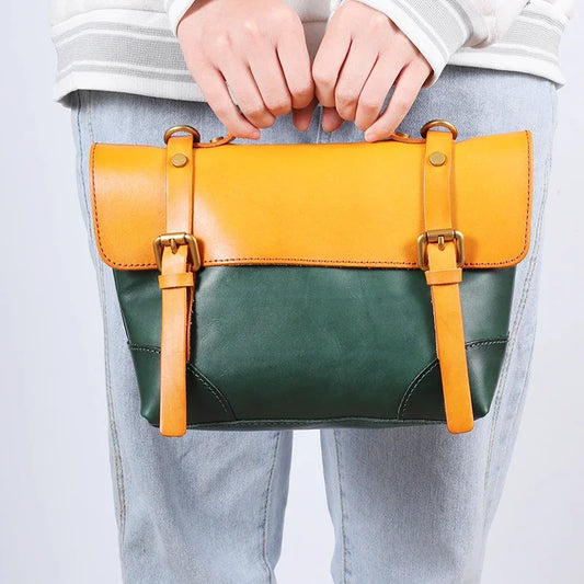 Vintage Italy Cowhide Leather Messenger Bag | Leather Shoulder Bag | Handmade Hand Bag | Leather Contrast Color Crossbody Bag