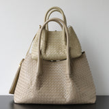 Handwoven Lambskin Leather Brown Tote Bag | Woven Soft Leather Handbag for Women | Luxury Designer Handbag with Top Handles & Crossbody Strap
