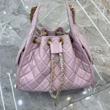 Quilted Diamond Leather Drawstring Hobo Bag – Gold Chain Strap | Lambskin & Cowhide Shoulder Bag for Women