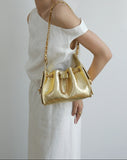 Quilted Diamond Leather Drawstring Hobo Bag – Gold Chain Strap | Lambskin & Cowhide Shoulder Bag for Women