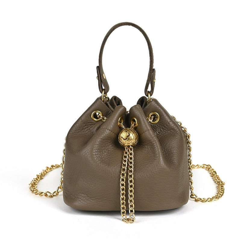 Handcrafted Top Grain Cowhide Leather Mini Bucket Bag | Women's Drawstring Chain Crossbody Purse