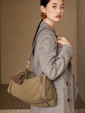 Full Grain Leather Pillow Boston Bag – Pebbled Cowhide & Suede Shoulder Bag | Gold Hardware, Top Handle & Crossbody Strap