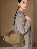 Full Grain Leather Pillow Boston Bag – Pebbled Cowhide & Suede Shoulder Bag | Gold Hardware, Top Handle & Crossbody Strap