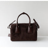 Vintage Suede Boston Bag for Women | Maillard-Tone Pillow Handbag with Detachable Strap | Niche Handcrafted Commuter Crossbody Bag