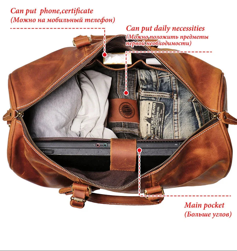 Handmade Full Grain Leather Duffle Bag – Vegetable-Tanned Cowhide Holdall | Brass Hardware, YKK Zippers & Padded Shoulder Strap - Image 5