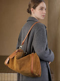 Full Grain Leather Pillow Boston Bag – Pebbled Cowhide & Suede Shoulder Bag | Gold Hardware, Top Handle & Crossbody Strap