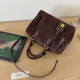 Handcrafted Suede Leather Boston Bag for Women | Padlock Charm Shoulder& Crossbody Bag | Handcrafted Matte Cowhide Top Handle Purse