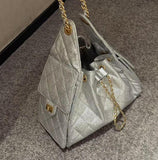 Quilted Diamond Leather Drawstring Hobo Bag – Gold Chain Strap | Lambskin & Cowhide Shoulder Bag for Women
