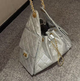 Quilted Diamond Leather Drawstring Hobo Bag – Gold Chain Strap | Lambskin & Cowhide Shoulder Bag for Women