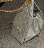 Quilted Diamond Leather Drawstring Hobo Bag – Gold Chain Strap | Lambskin & Cowhide Shoulder Bag for Women