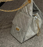 Quilted Diamond Leather Drawstring Hobo Bag – Gold Chain Strap | Lambskin & Cowhide Shoulder Bag for Women