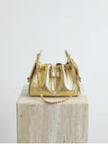 Quilted Diamond Leather Drawstring Hobo Bag – Gold Chain Strap | Lambskin & Cowhide Shoulder Bag for Women