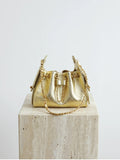 Quilted Diamond Leather Drawstring Hobo Bag – Gold Chain Strap | Lambskin & Cowhide Shoulder Bag for Women