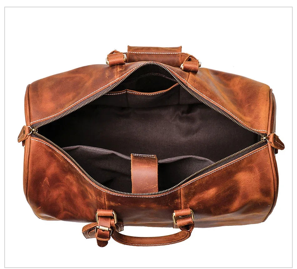 Handmade Full Grain Leather Duffle Bag – Vegetable-Tanned Cowhide Holdall | Brass Hardware, YKK Zippers & Padded Shoulder Strap - Image 4