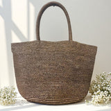 Handwoven raffia beach tote in chestnut brown – large natural straw summer tote women