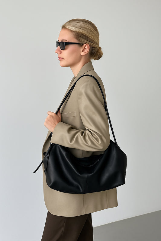 Women’s Soft Cowhide Leather Crossbody Bag, Large Bowling Bag, Slouchy Boho Tote for Everyday Use