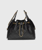 Quilted Diamond Leather Drawstring Hobo Bag – Gold Chain Strap | Lambskin & Cowhide Shoulder Bag for Women