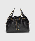 Quilted Diamond Leather Drawstring Hobo Bag – Gold Chain Strap | Lambskin & Cowhide Shoulder Bag for Women