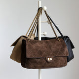 Quilted Suede Chain Flap Bag for Women | Vintage Matte Cowhide Shoulder & Crossbody Messenger Purse | Diamond-Quilted Autumn Winter Bag in Four Sizes