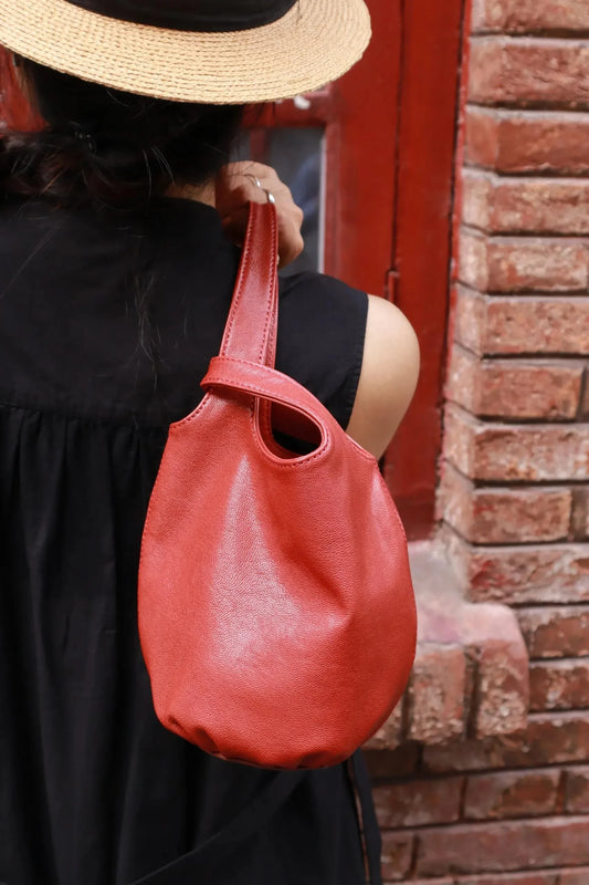 Vintage Leather Knot-Handle Bucket Bag | Handmade Soft Cowhide Mini Handbag