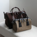 Vintage Suede Boston Bag for Women | Maillard-Tone Pillow Handbag with Detachable Strap | Niche Handcrafted Commuter Crossbody Bag