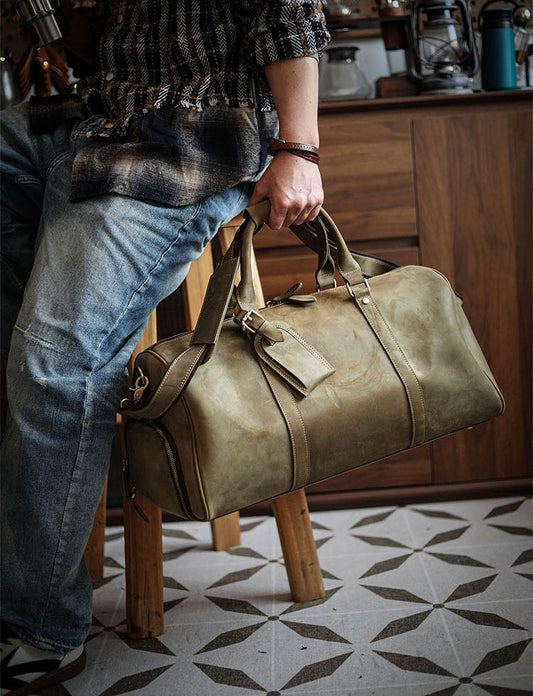 Men’s Full Grain Leather Travel Duffel, Large Crazy Horse Leather Carry-On Bag for Business, Leather Weekender, Camping & Short Trips