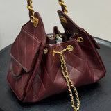 Quilted Diamond Leather Drawstring Hobo Bag – Gold Chain Strap | Lambskin & Cowhide Shoulder Bag for Women