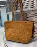 Handwoven Basket Tote Bag | Vegetable-Tanned Italian Cowhide Hand-Carry Bag | Minimalist Summer Commuter Style