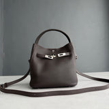 Luxury Pebbled Cowhide Leather Bucket Bag, Designer Crossbody with Twist Lock