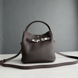 Luxury Pebbled Cowhide Leather Bucket Bag, Designer Crossbody with Twist Lock