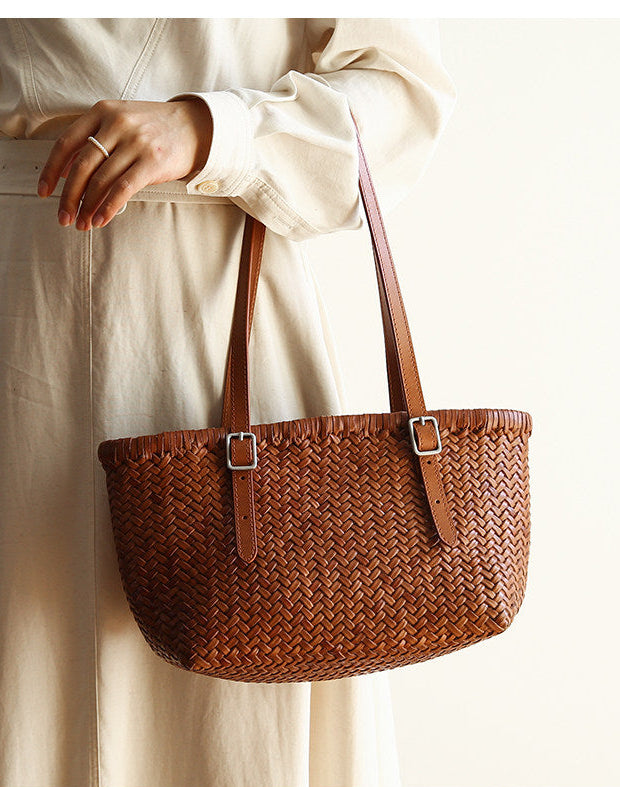 Handwoven Cowhide Leather Basket Tote Bag | Women's Shoulder Hobo Bag