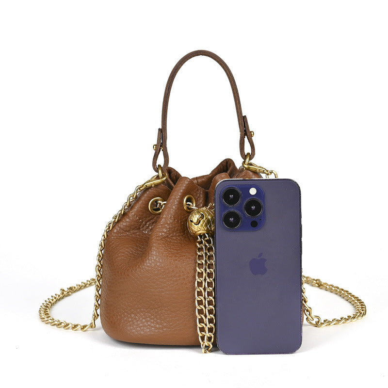Handcrafted Top Grain Cowhide Leather Mini Bucket Bag | Women's Drawstring Chain Crossbody Purse