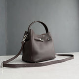 Luxury Pebbled Cowhide Leather Bucket Bag, Designer Crossbody with Twist Lock