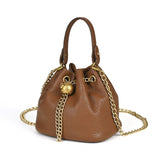 Handcrafted Top Grain Cowhide Leather Mini Bucket Bag | Women's Drawstring Chain Crossbody Purse
