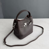 Luxury Pebbled Cowhide Leather Bucket Bag, Designer Crossbody with Twist Lock