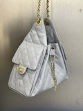Quilted Diamond Leather Drawstring Hobo Bag – Gold Chain Strap | Lambskin & Cowhide Shoulder Bag for Women