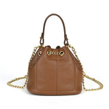Handcrafted Top Grain Cowhide Leather Mini Bucket Bag | Women's Drawstring Chain Crossbody Purse