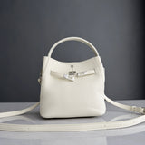 Luxury Pebbled Cowhide Leather Bucket Bag, Designer Crossbody with Twist Lock