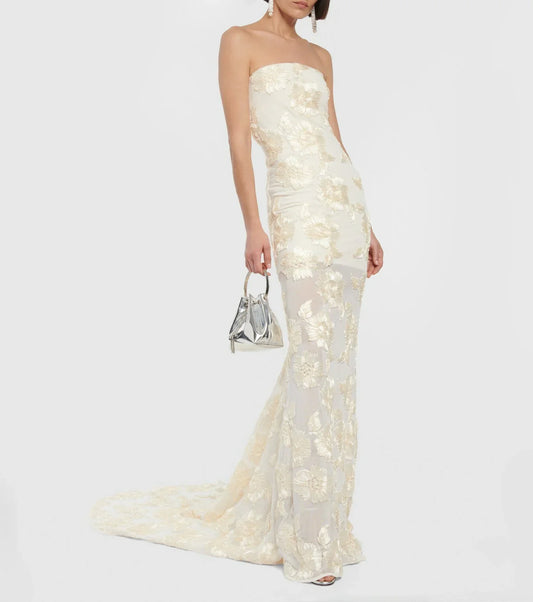 Elegant Floral Formal Gown Dress with Train, Slim Fit Luxury Backless Long Champagne Evening Dress for Weddings