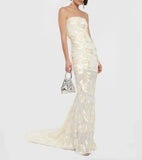 Elegant Floral Formal Gown Dress with Train, Slim Fit Luxury Backless Long Champagne Evening Dress for Weddings