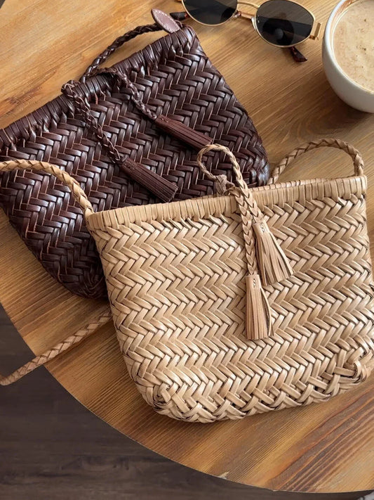 Handwoven Italian Cowhide Leather Crossbody Bag for Women | Artisan Woven Shoulder Bag with Tassel & Drawstring Pouch | 8 Colours | Casual Daily & Weekend Ba
