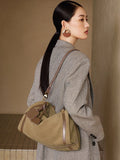 Full Grain Leather Pillow Boston Bag – Pebbled Cowhide & Suede Shoulder Bag | Gold Hardware, Top Handle & Crossbody Strap