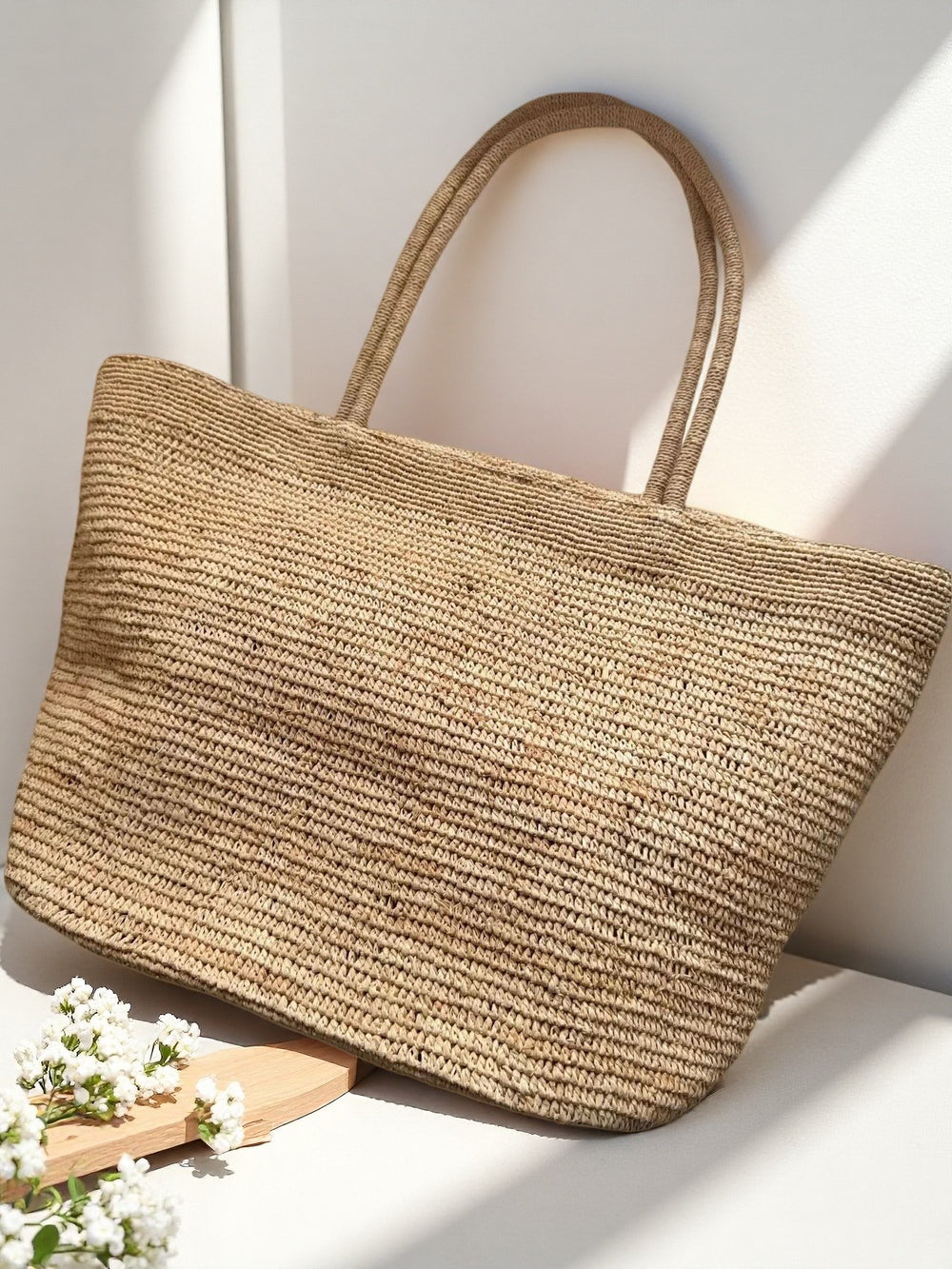 Natural raffia straw tote bag and complimentary scarf – handmade vacation beach bag gift set