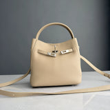Luxury Pebbled Cowhide Leather Bucket Bag, Designer Crossbody with Twist Lock