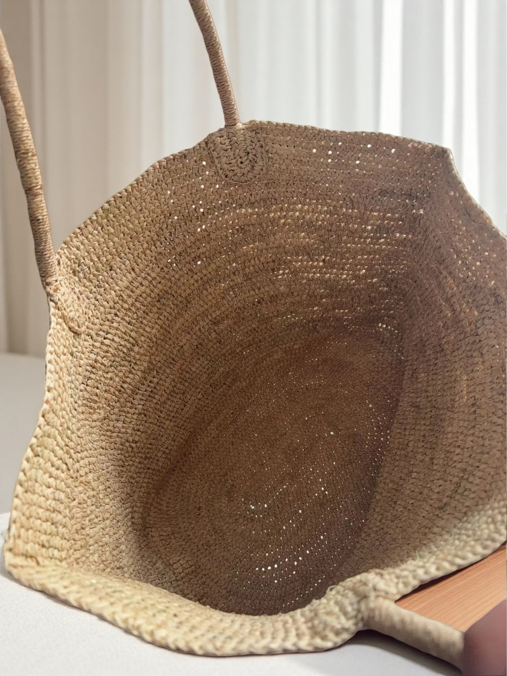 Green handwoven raffia straw tote bag – large eco-friendly vacation beach bag with scarf