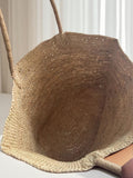 Green handwoven raffia straw tote bag – large eco-friendly vacation beach bag with scarf