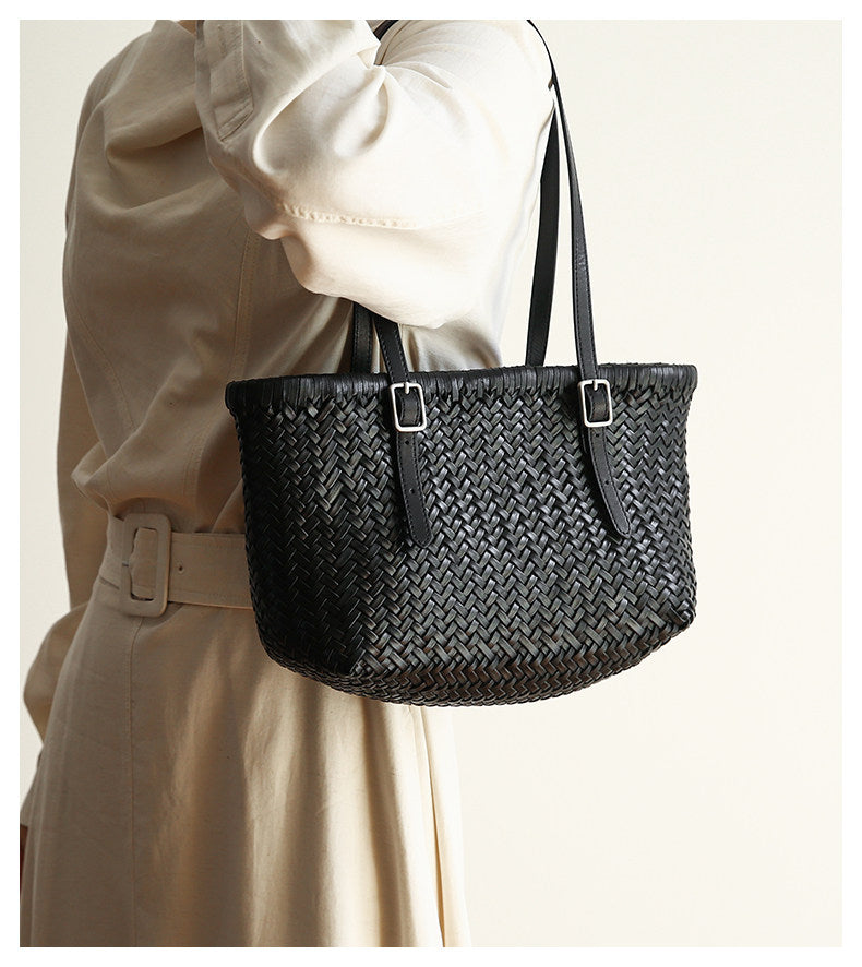 Handwoven Cowhide Leather Basket Tote Bag | Women's Shoulder Hobo Bag