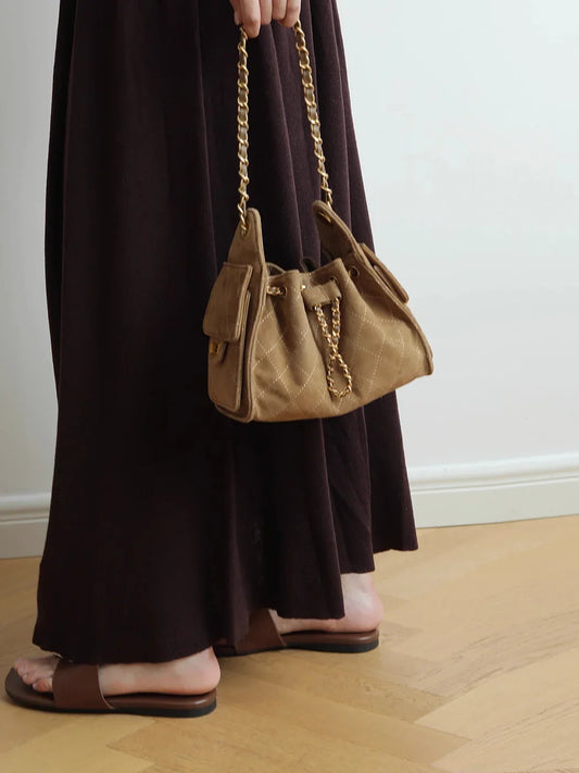 Quilted Suede Lambskin Drawstring Bucket Bag – Gold Chain Shoulder Bag | Diamond Quilt with Side Flap Pockets & Turn-Lock Clasp